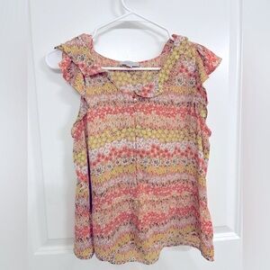 LOFT Coral  and Yellow Flutter Sleeve Blouse with Peter Pan Collar